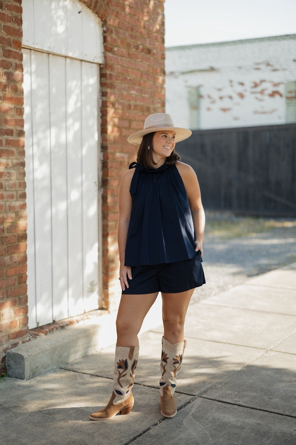 Cassie Navy Poplin Elastic Waist Shorts (S-3XL)