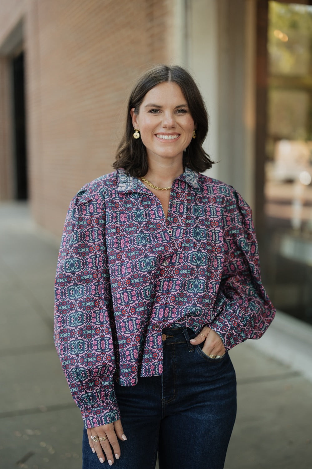 Lillian Navy/Pink Floral Button Down Blouse