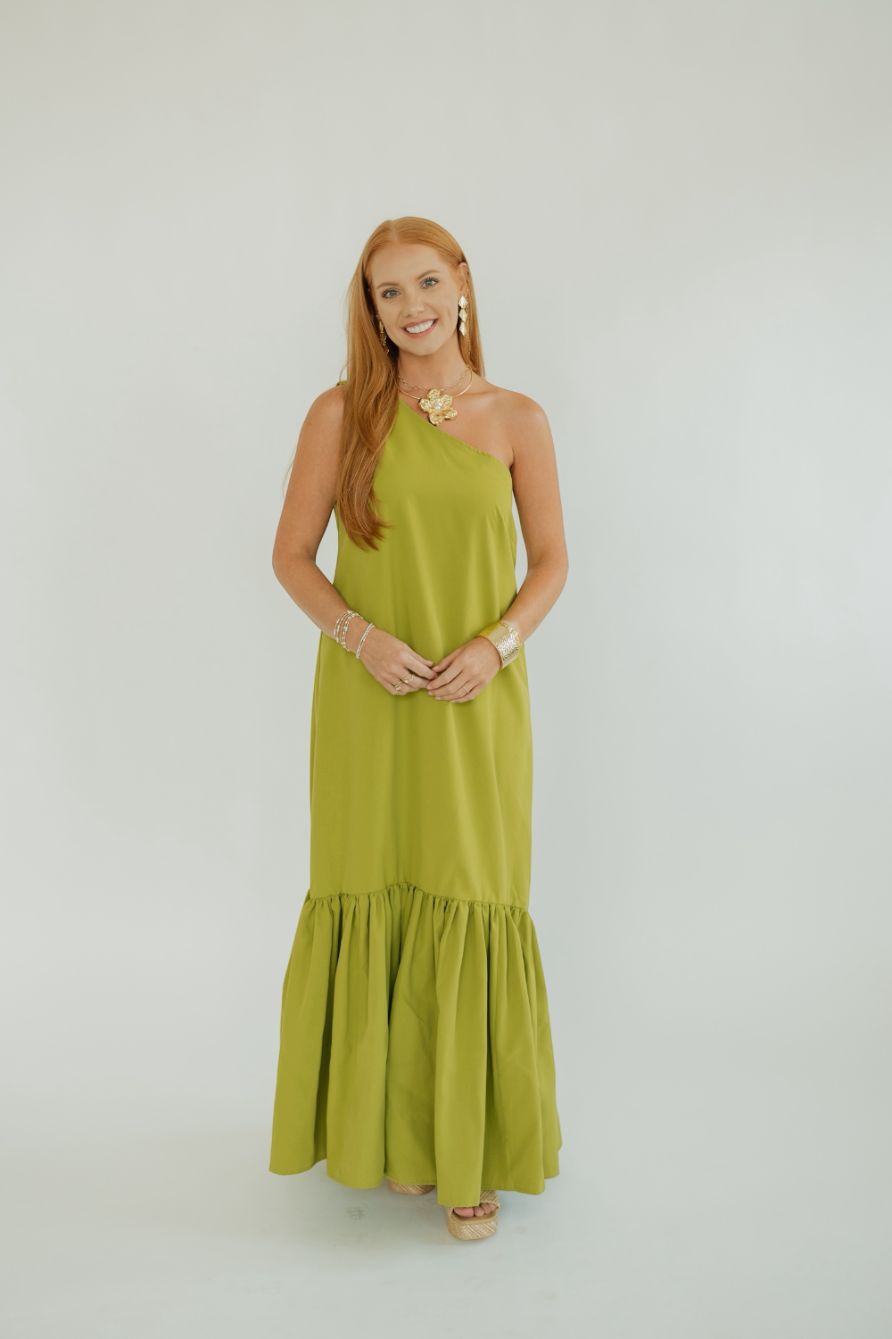 Crosby Lime Asymmetrical One Shoulder Ruffled Maxi Dress