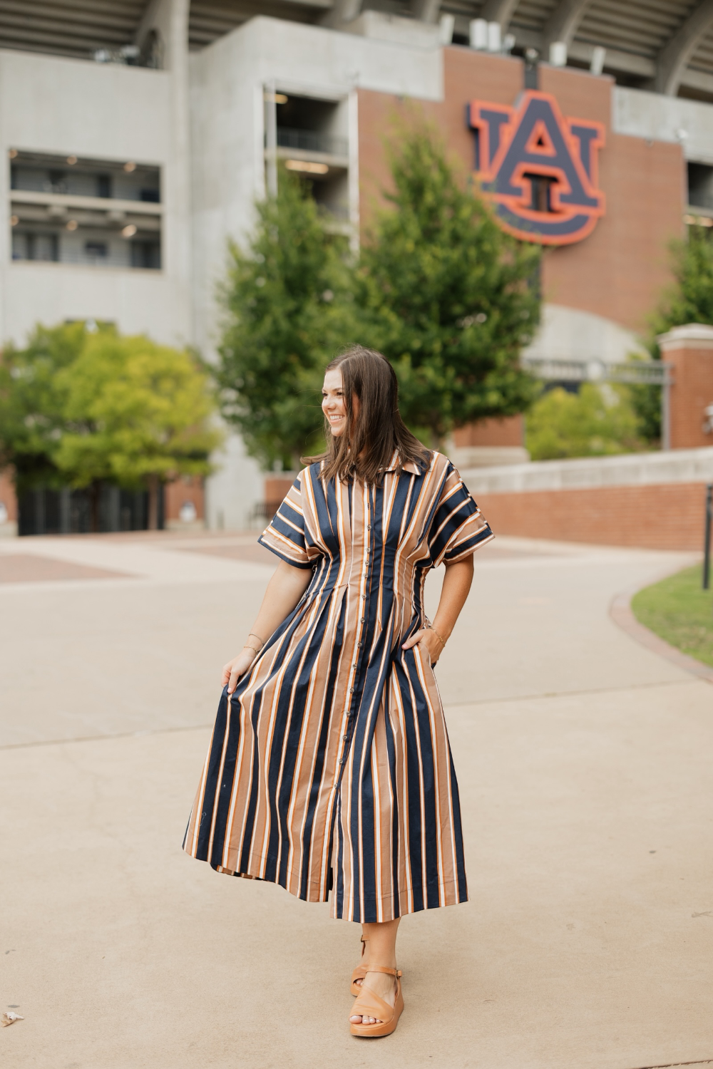 Clara Navy Multi Striped Cinched Waist Midi Dress