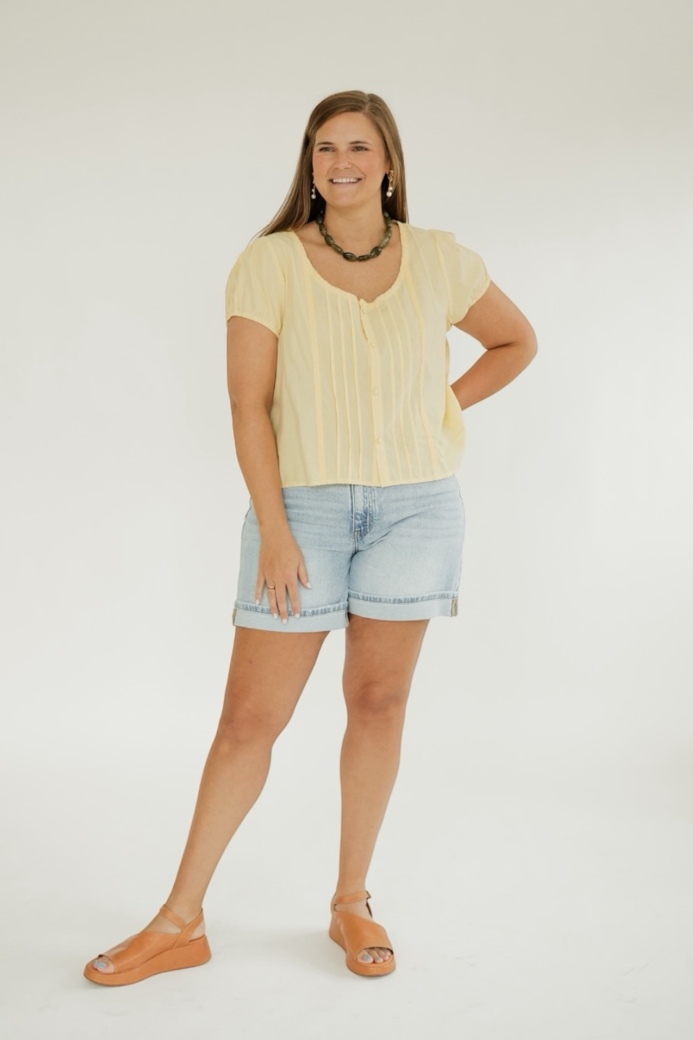 Sara Butter Yellow Front Pleat Button Up Top (XS-3XL)