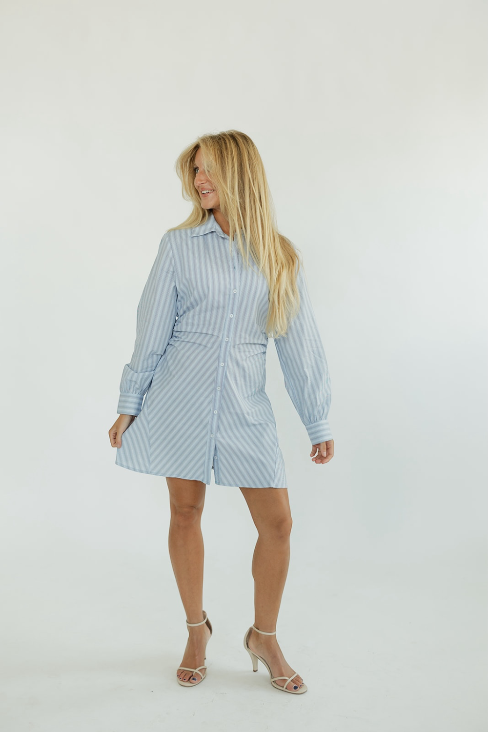 Sarah Light Blue Pinstripe Ruched Dress