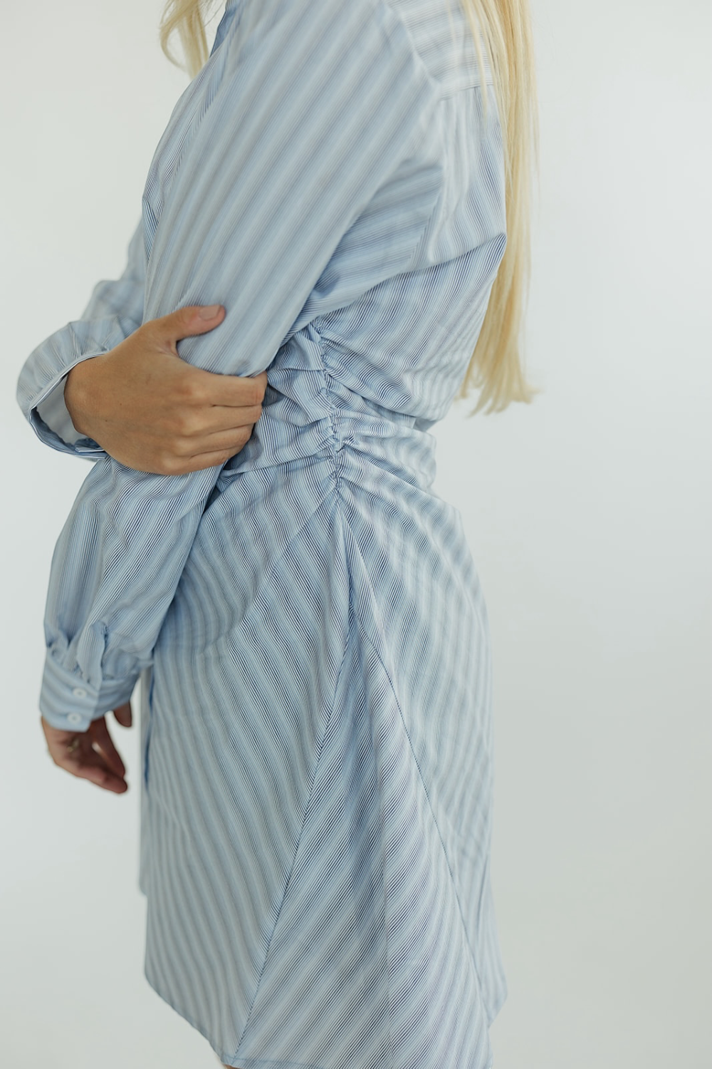 Sarah Light Blue Pinstripe Ruched Dress