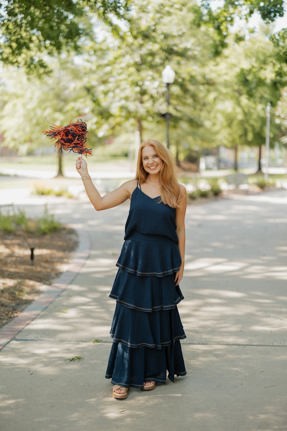 Marlee Navy Contrast Stitch Tiered Maxi Skirt (XS-3XL)