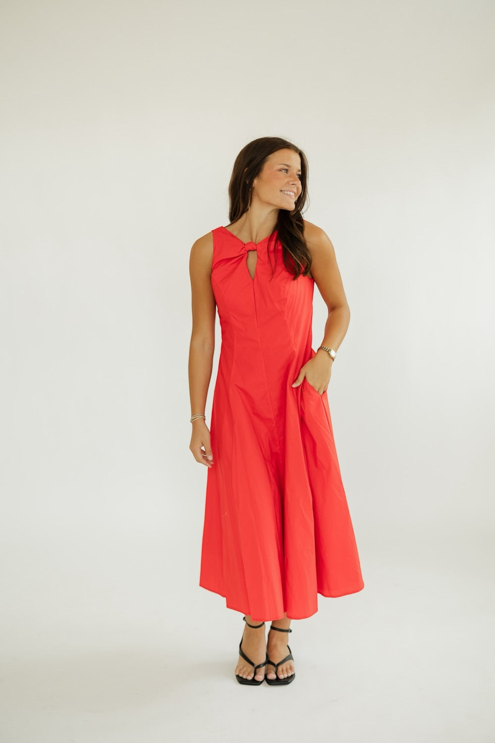 Pauline Red Poplin Keyhole Midi Dress