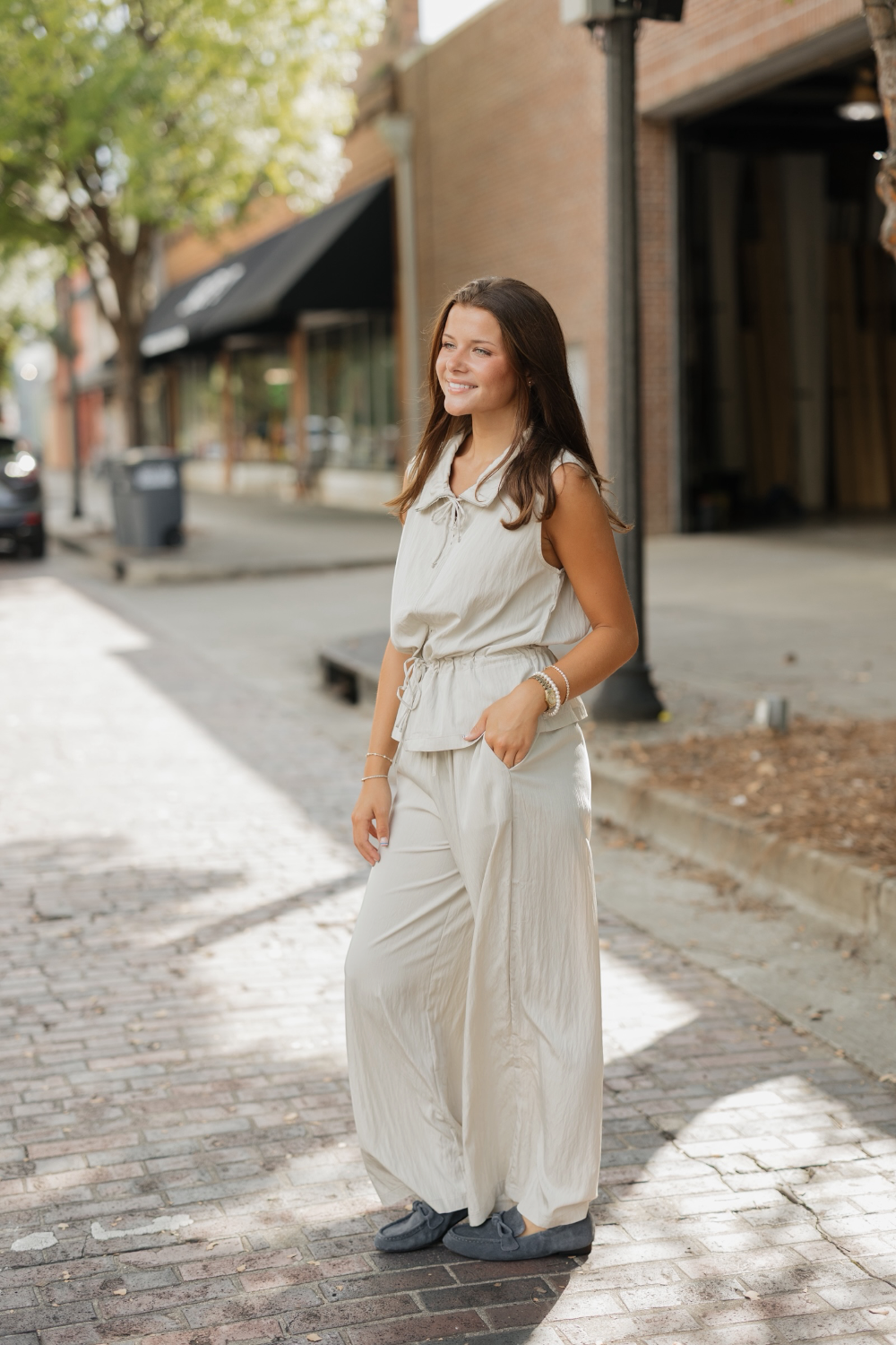 Beige Wide Leg Drawstring Pant