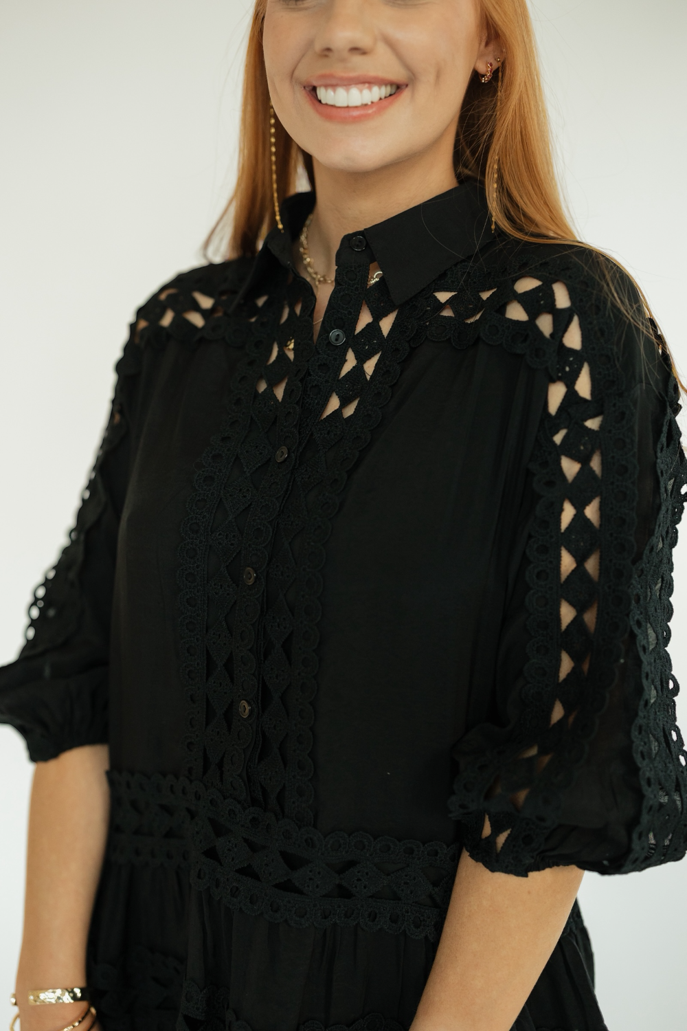 Black Lace Detail 3/4 Sleeve Dress (XS-XL)