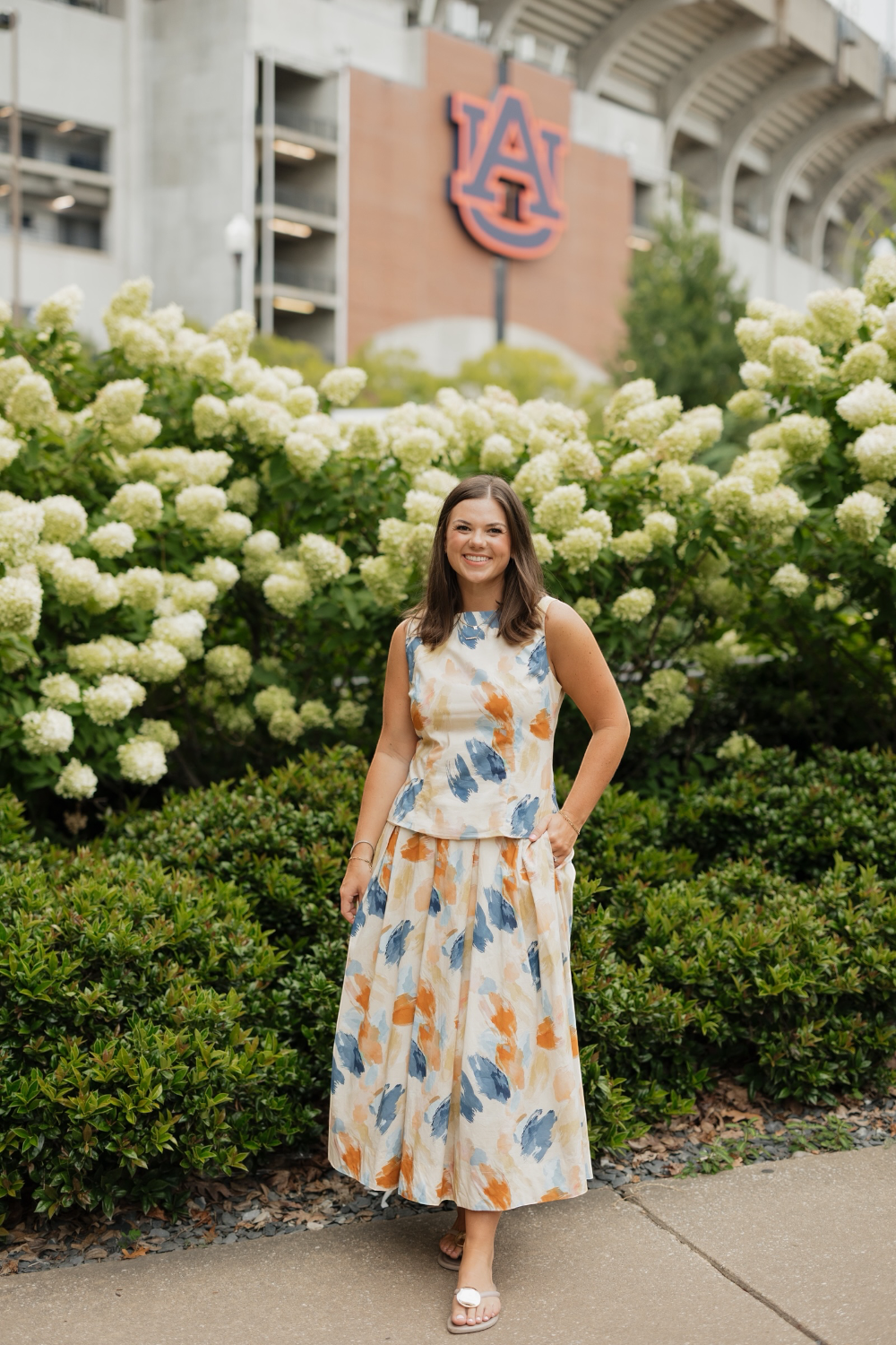 Sawyer Navy/Orange Watercolor Print Pleated Skirt