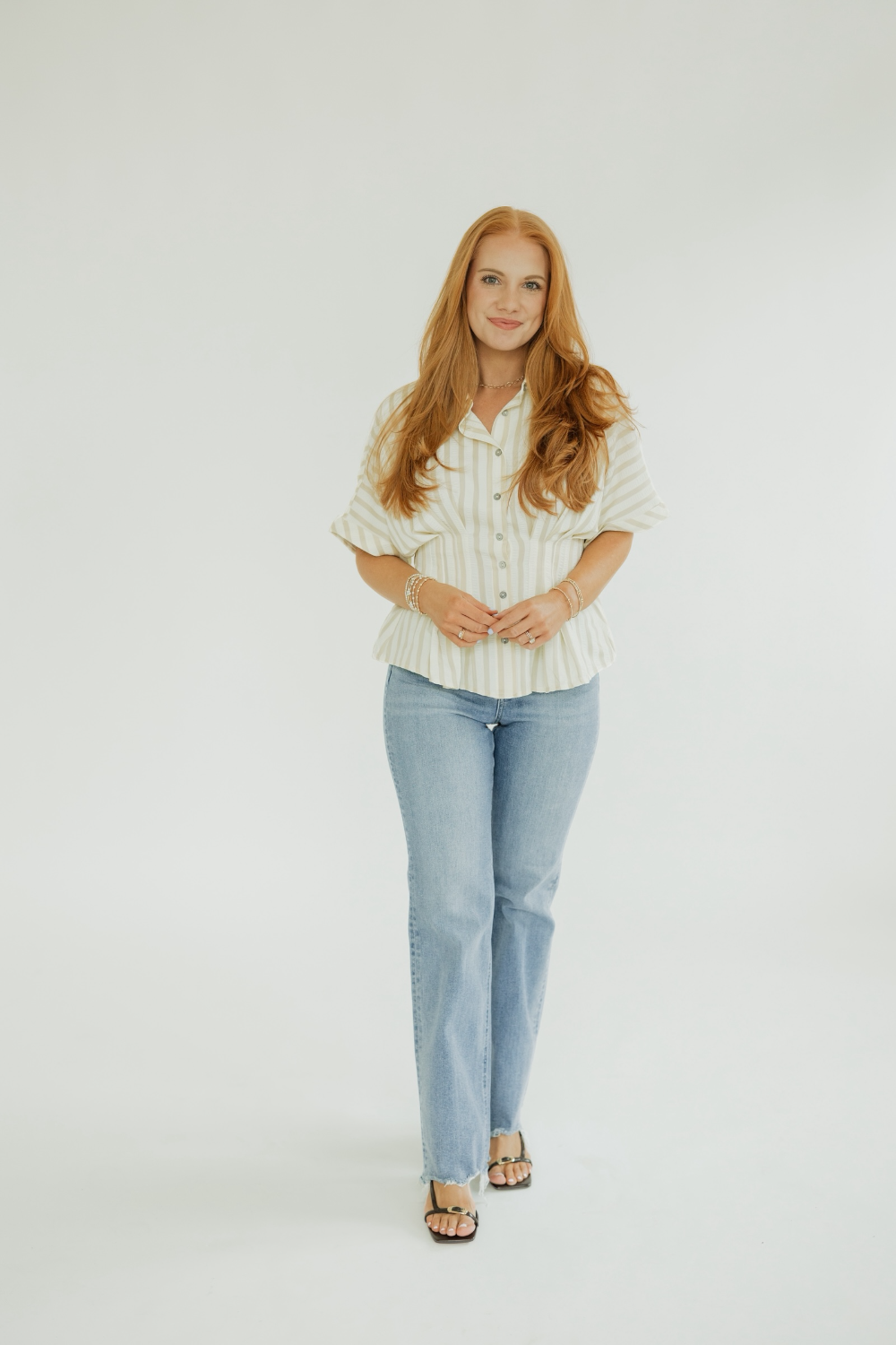 Cream Striped Pleated Waist Top (S-2XL)