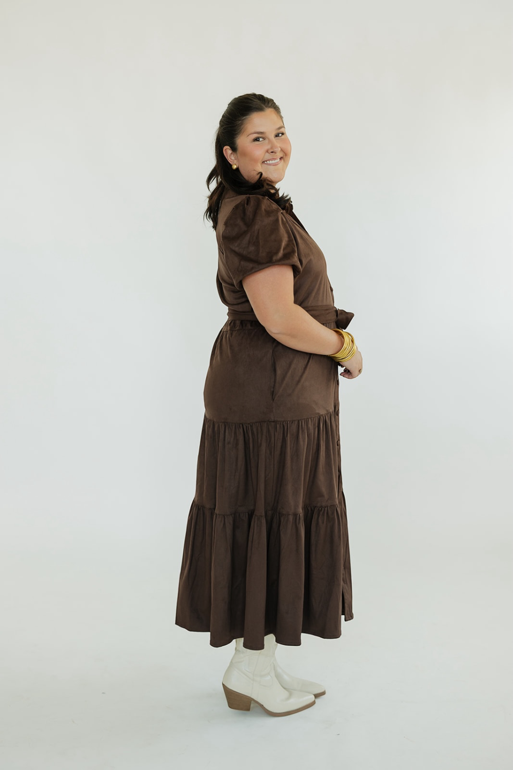 Daniella Chocolate Suede Tiered Midi Dress (XS-XL)