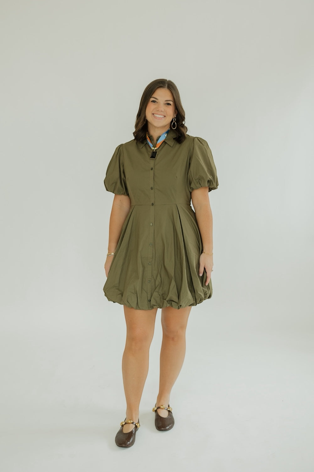 Julia Olive Bubble Hem Mini Shirt Dress