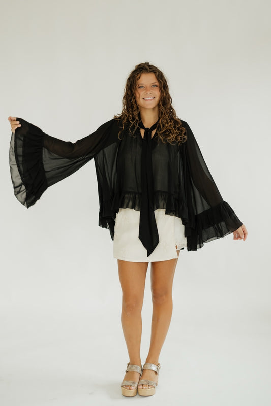 Black Ruffled Chiffon Blouse (S-3XL)