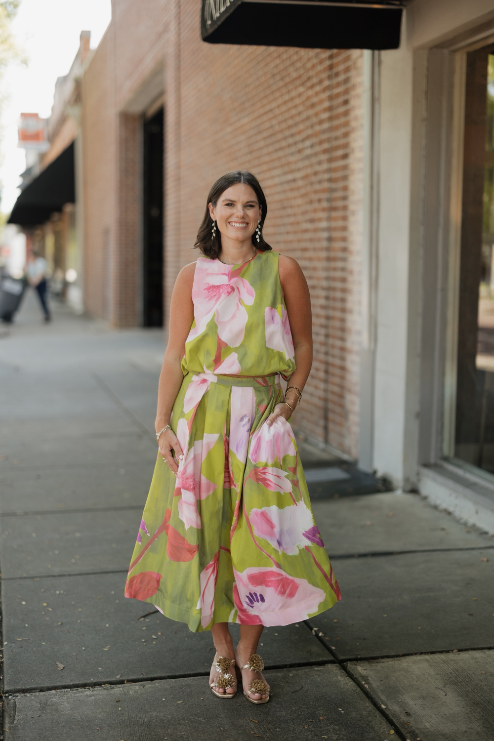 Elle Lime Floral Pleated Midi Skirt