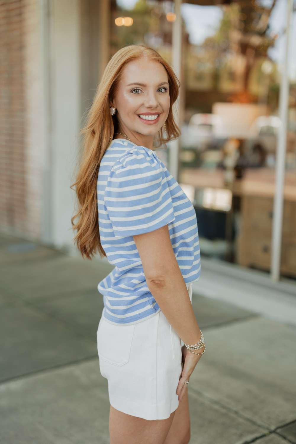 Larissa Blue/White Pleat Sleeve Tee (XS-XL)