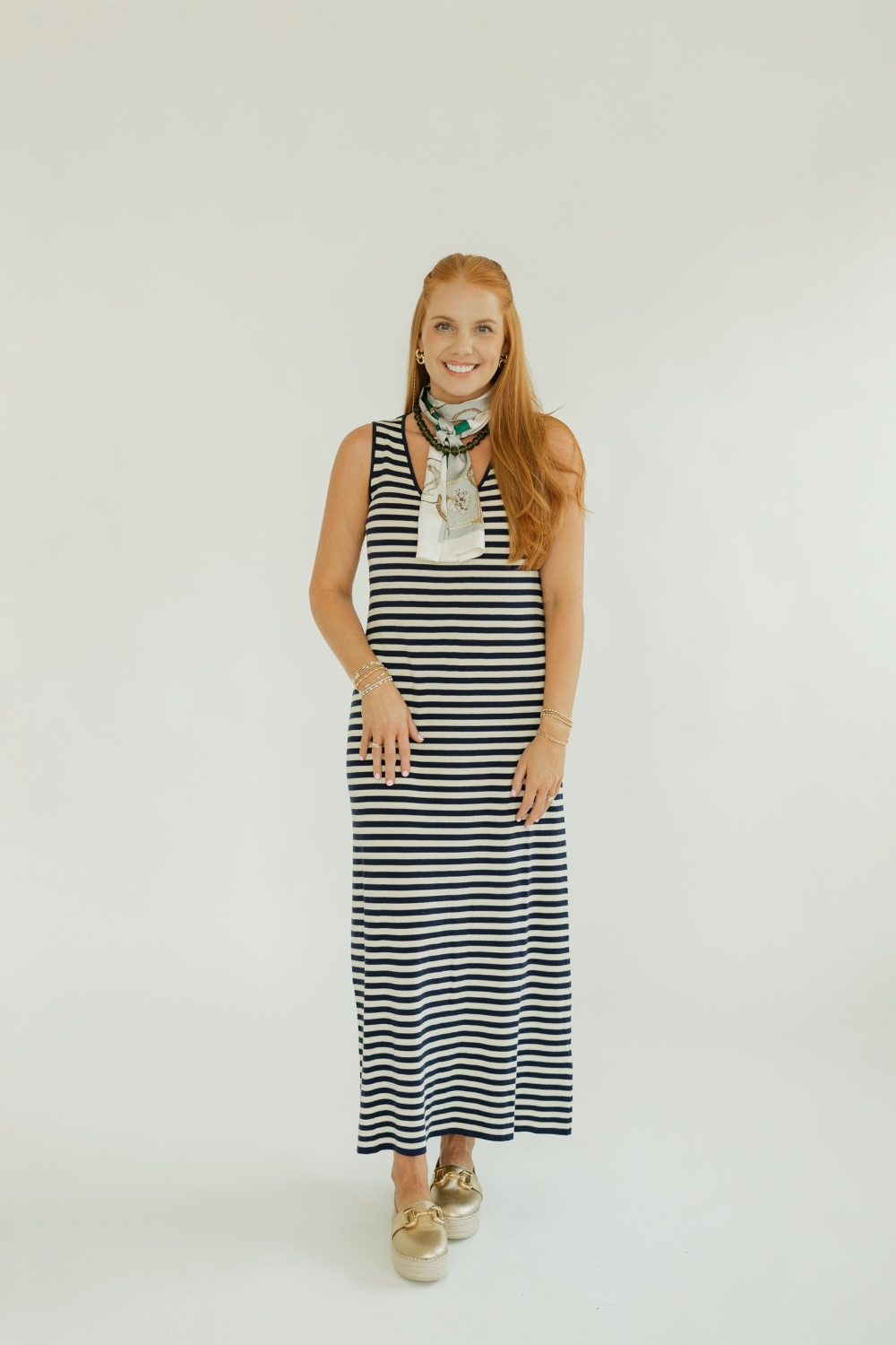 Navy Striped Knit Sleeveless Midi Dress (XS-XL)