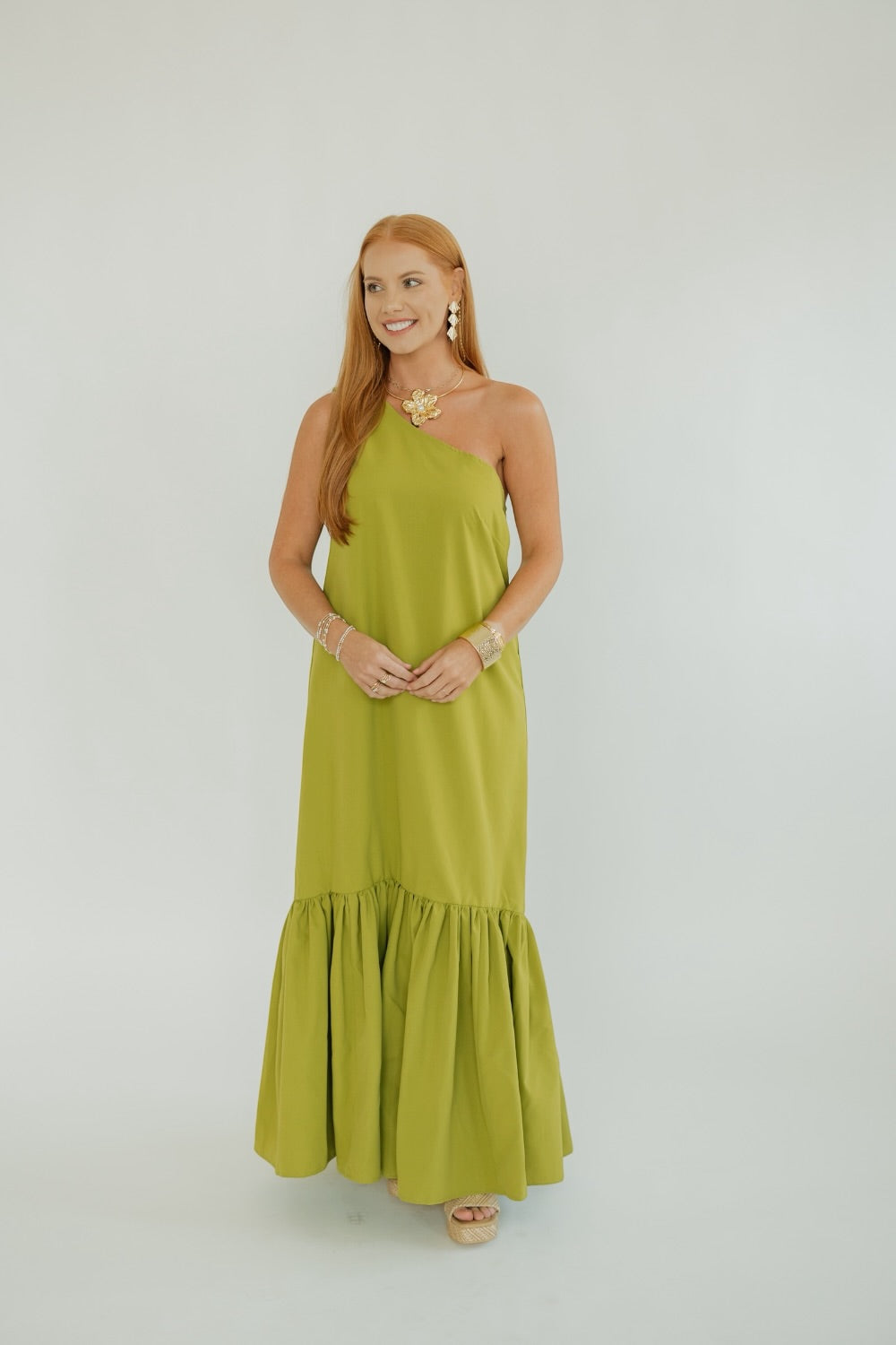 Crosby Lime Asymmetrical One Shoulder Ruffled Maxi Dress