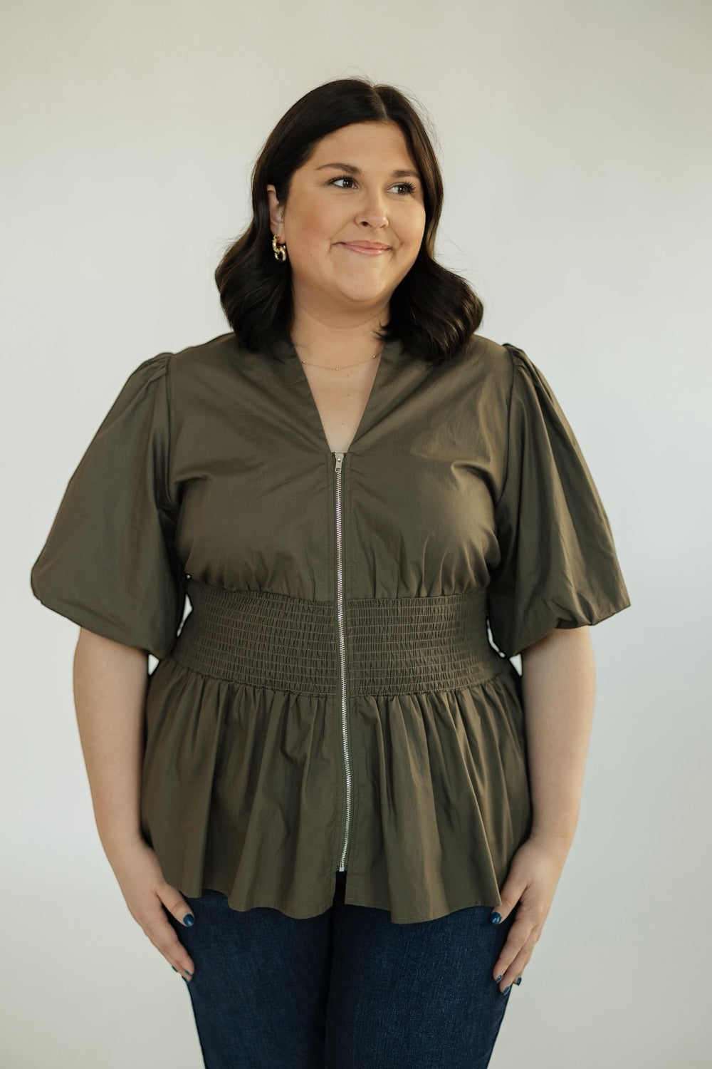 Sadie Olive Zip Front Top