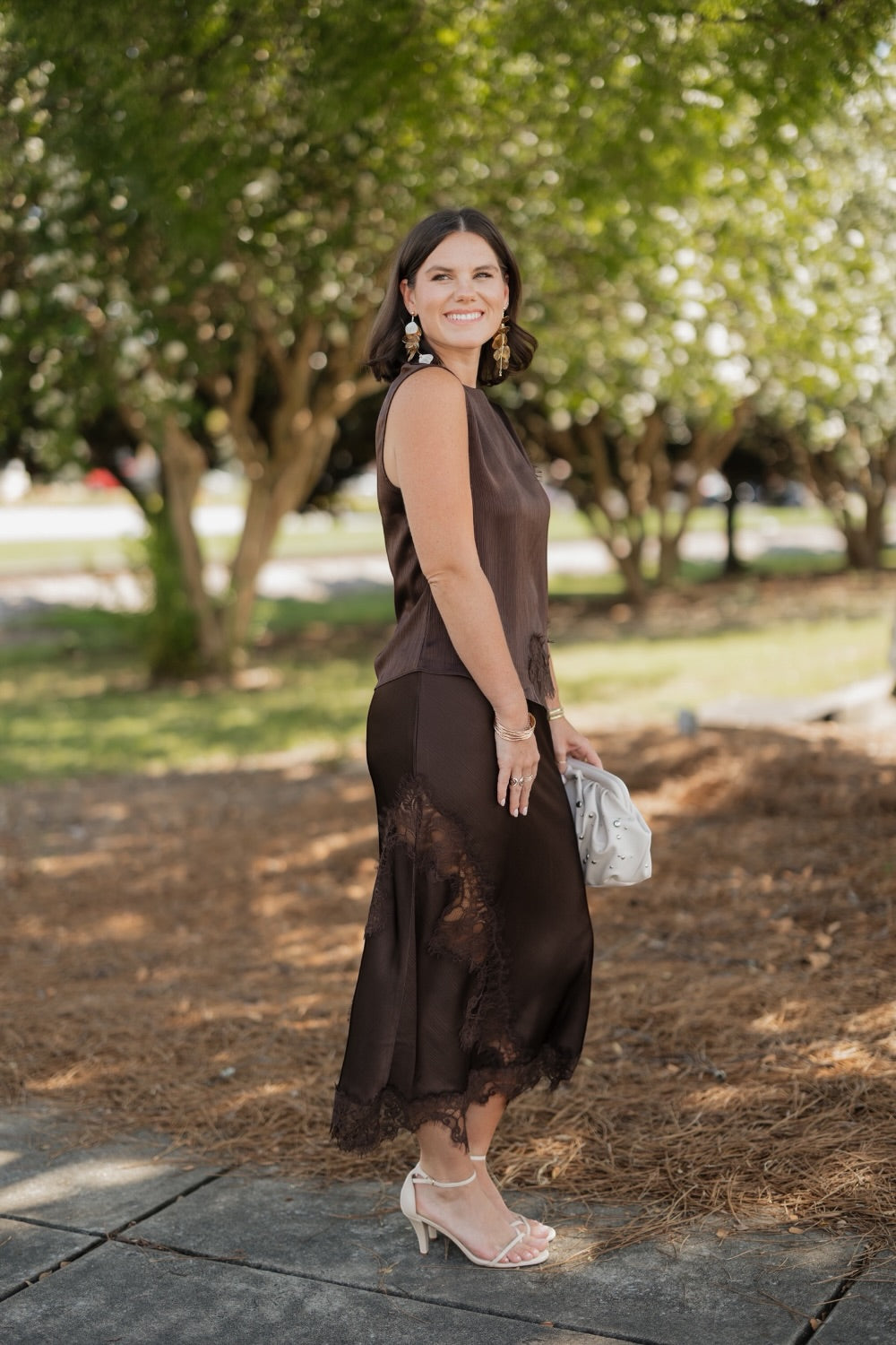 Staci Brown Mixed Lace Satin Midi Skirt (XS-XL)