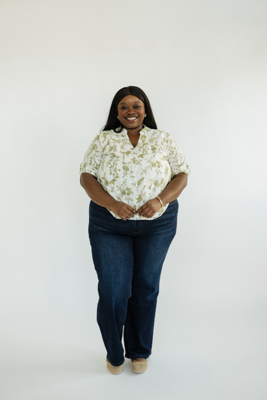 Foster Olive Floral Eyelet Top (S-2XL)