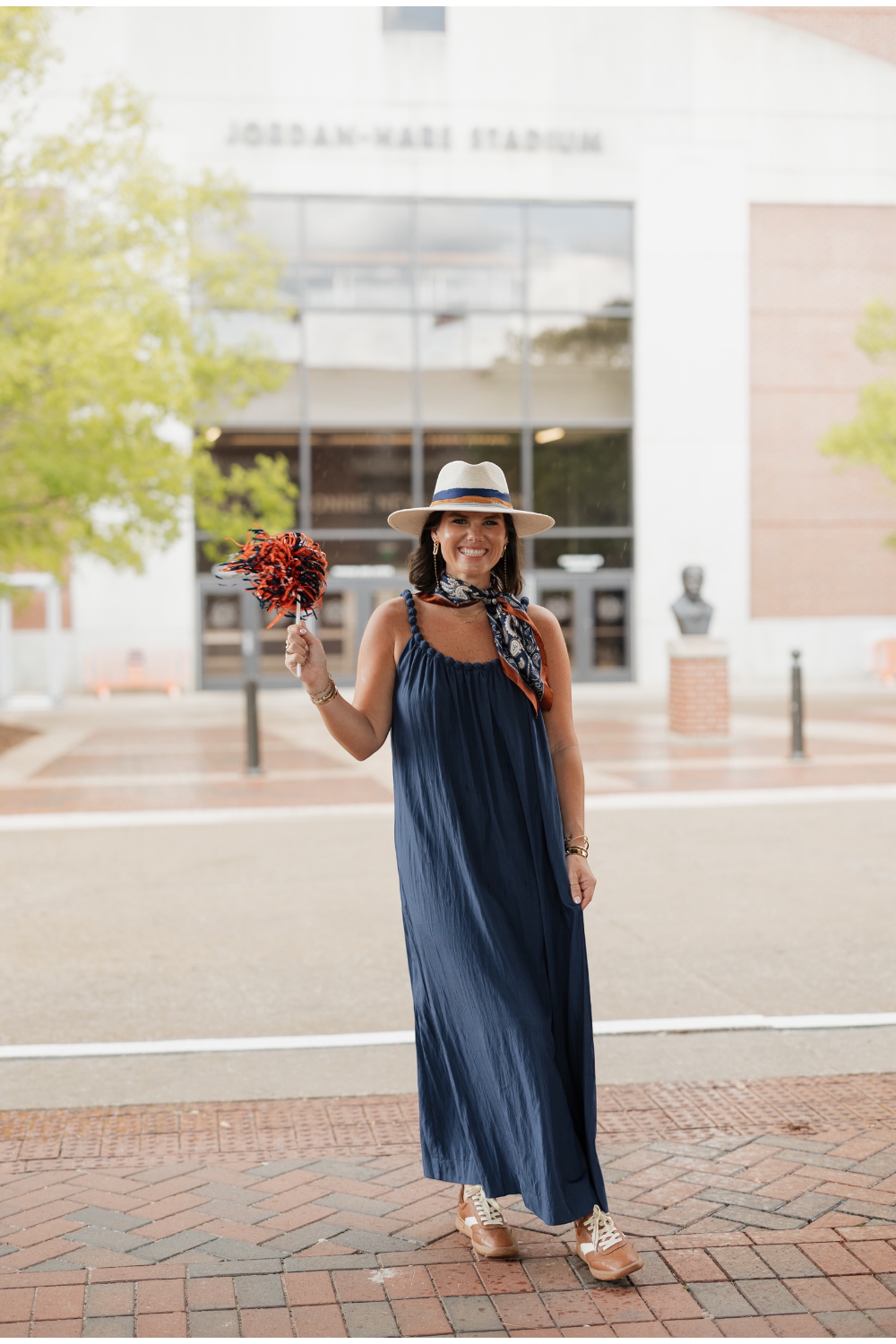 Navy Ball Trim Neckline Midi Dress