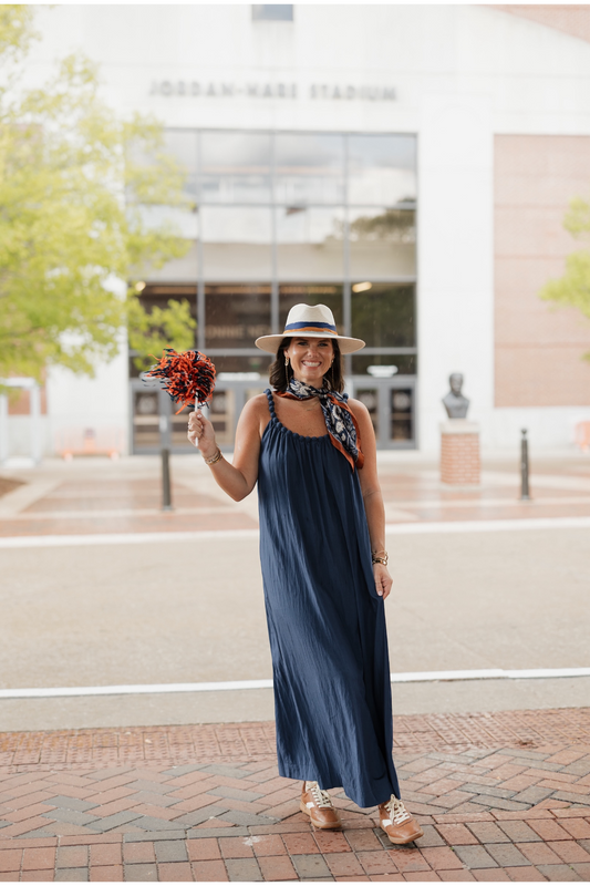 Navy Ball Trim Neckline Midi Dress