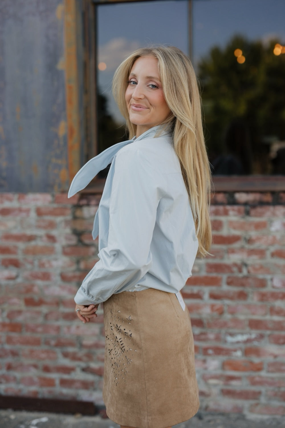 Light Blue Tie Neck Button Down Blouse (XS-XL)