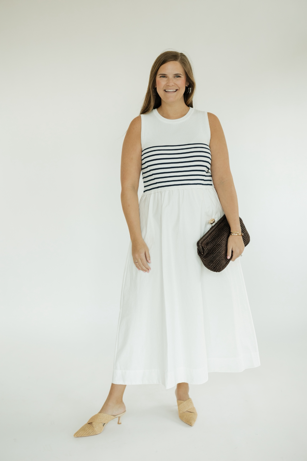Navy Striped Knit Mixed Media Midi Dress (XS-XL)