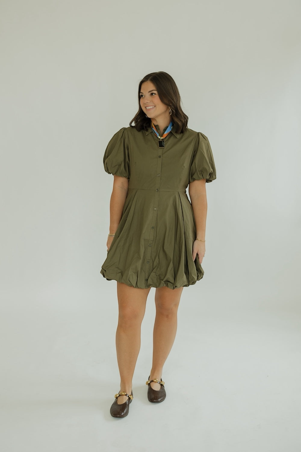 Julia Olive Bubble Hem Mini Shirt Dress