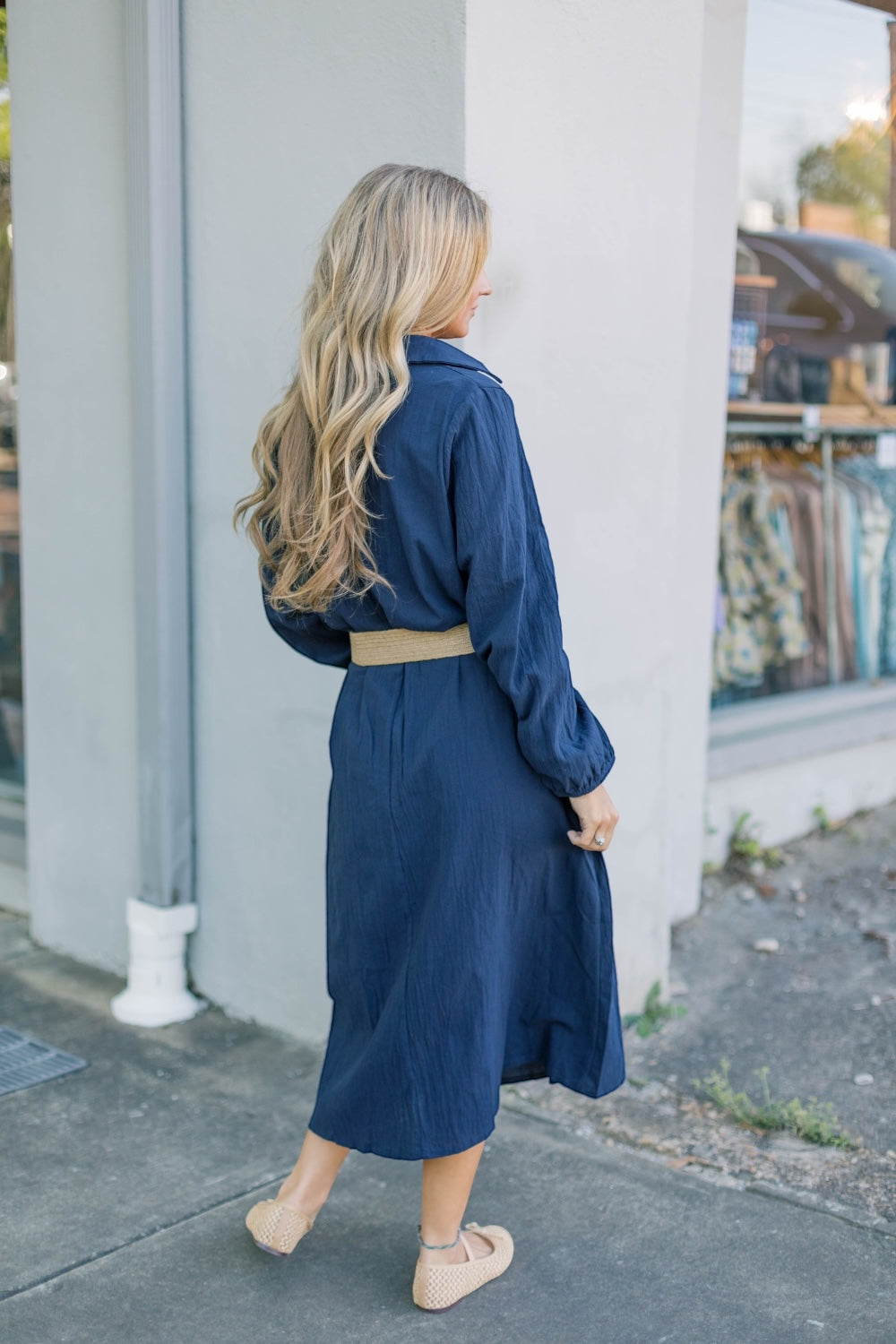 Nel Navy Linen Midi Dress (S-3XL)