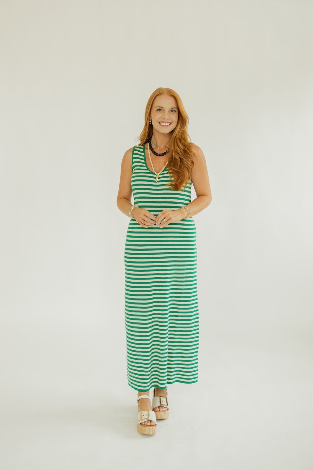 Green Striped Sleeveless Knit Midi Dress (XS-XL)