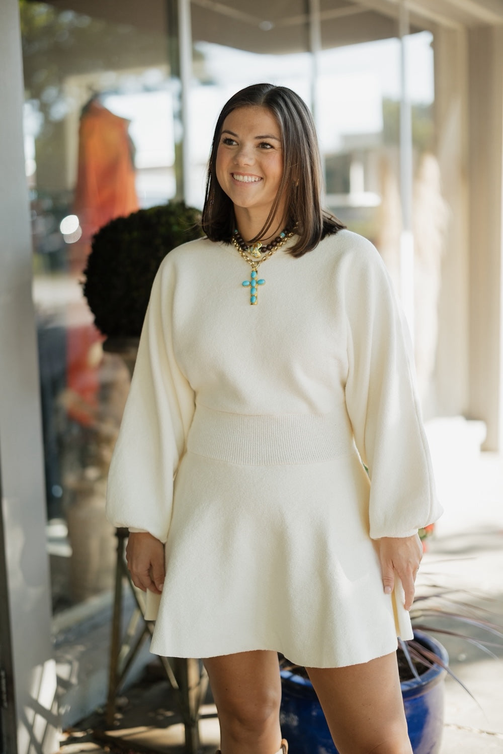 Caroline Cream Ballon Sleeve Sweater Dress