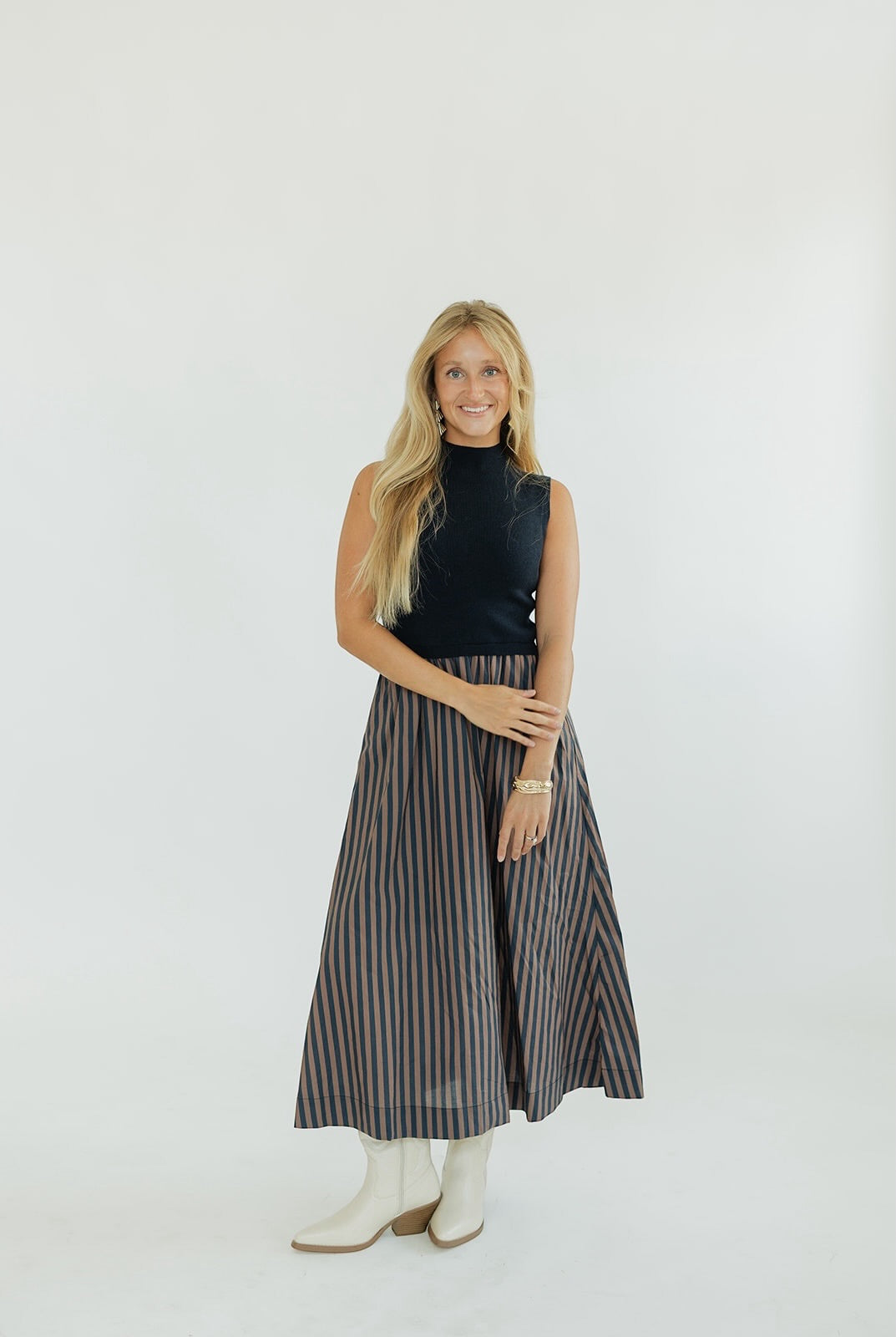 Alexandria Mixed Media Navy Striped Midi Dress