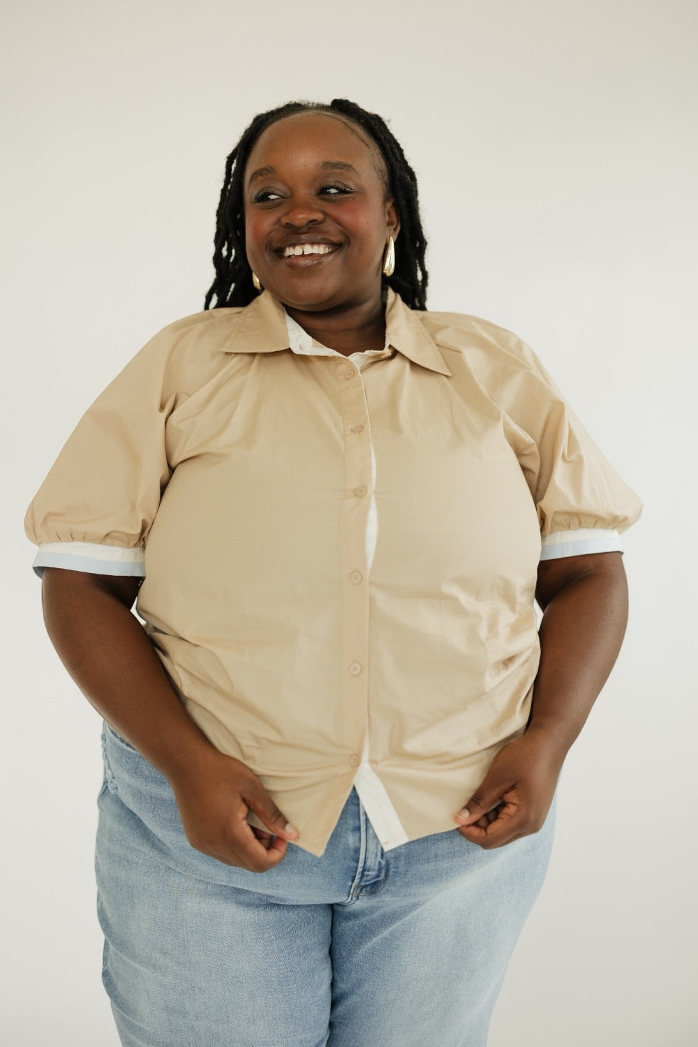 Charley Taupe Button Down Blouse