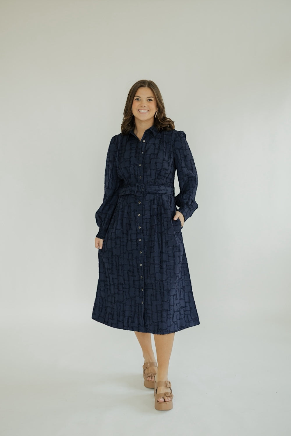 Nancy Navy Belted Midi Dress