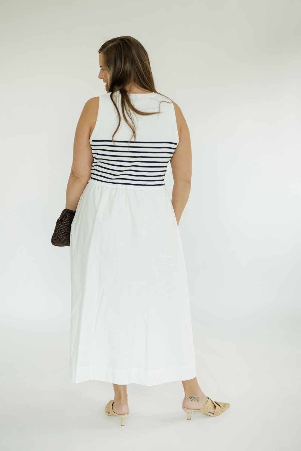 Navy Striped Knit Mixed Media Midi Dress (XS-XL)