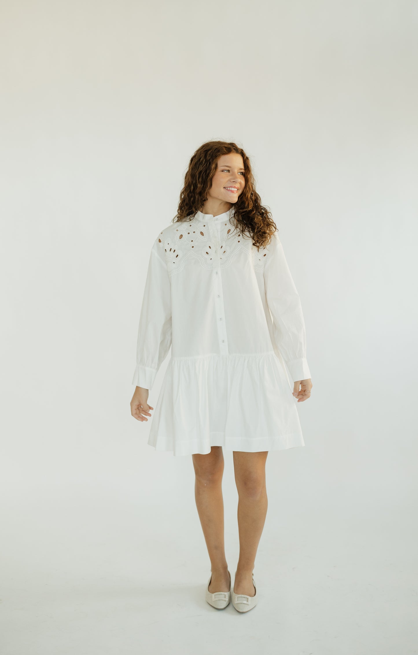 White Embroidered Button Down Mini Dress