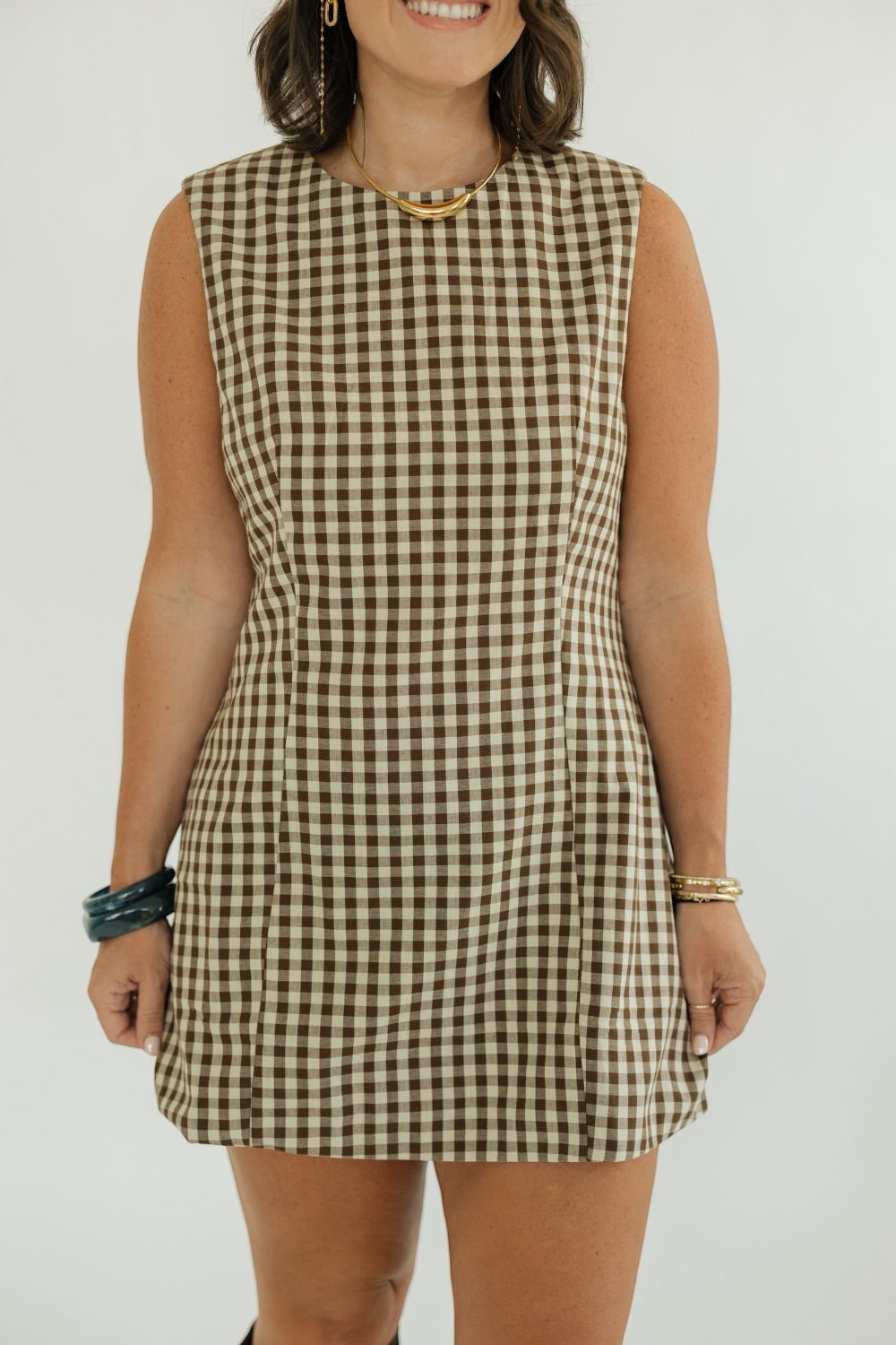 Clementine Brown Gingham Sleeveless Mini Dress