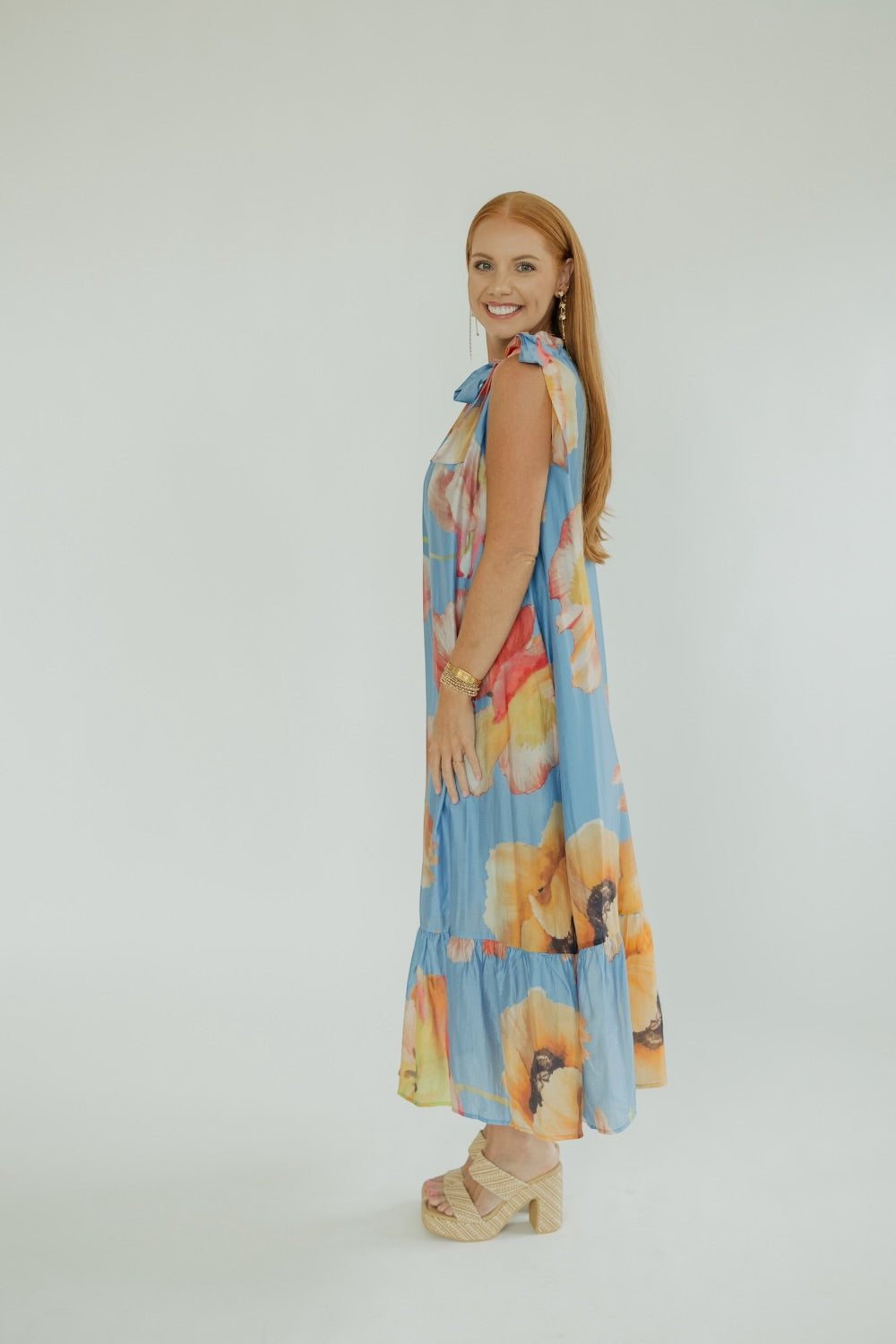 Foster Blue Floral Ruffle Neck Midi Dress