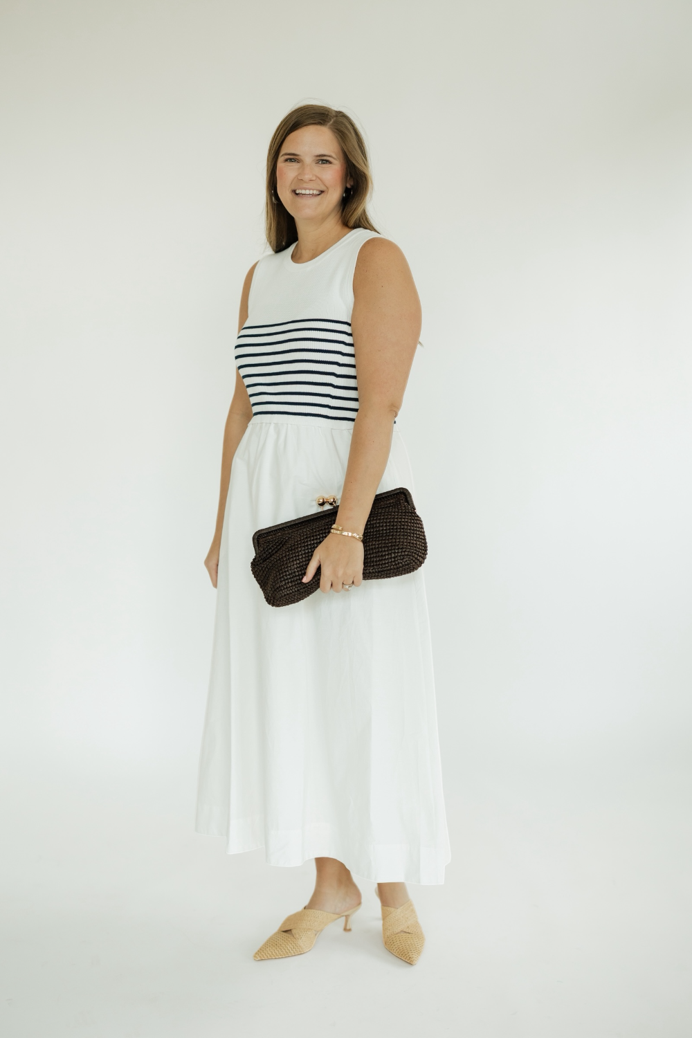 Navy Striped Knit Mixed Media Midi Dress (XS-XL)