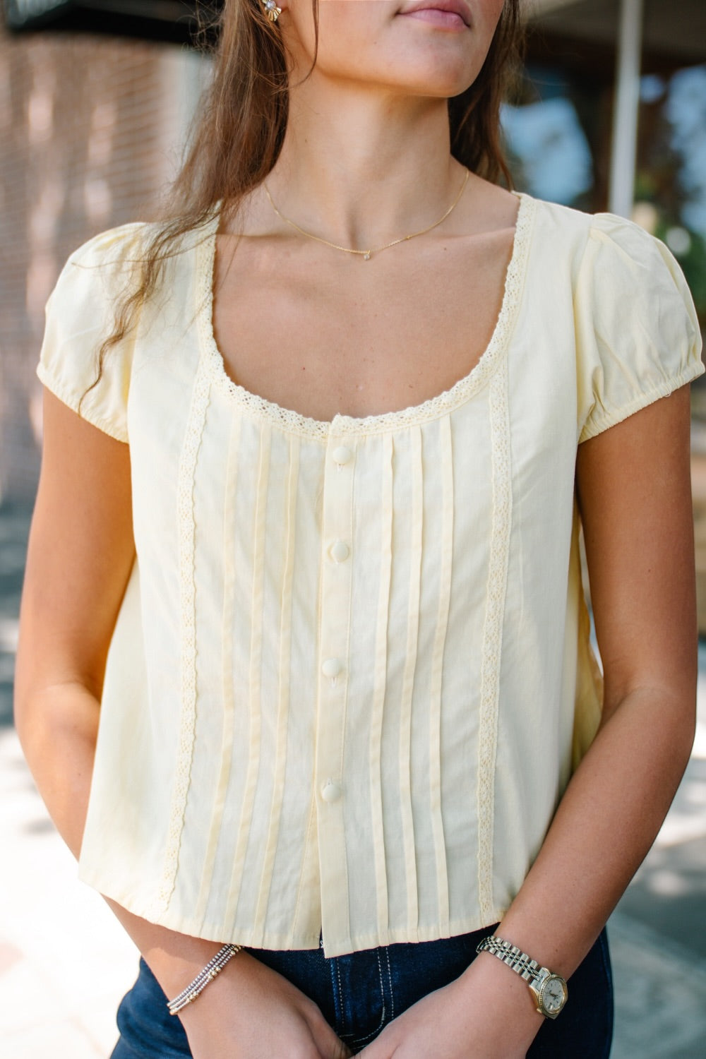 Sara Butter Yellow Front Pleat Button Up Top (XS-3XL)