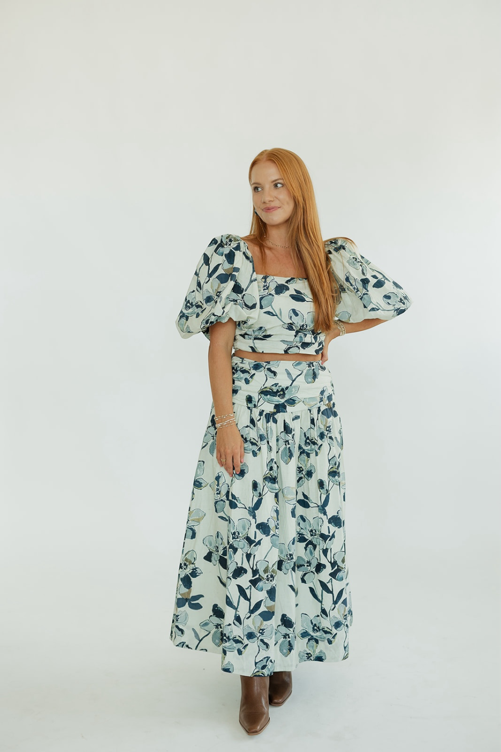 Ivy Navy Printed Shirred Maxi Skirt
