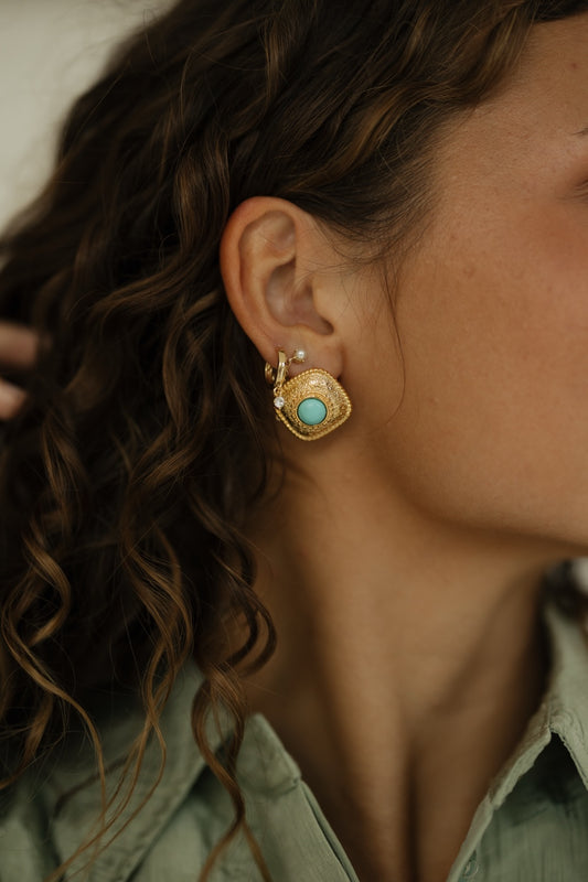 Square w/Dome Shape Stone Earrings