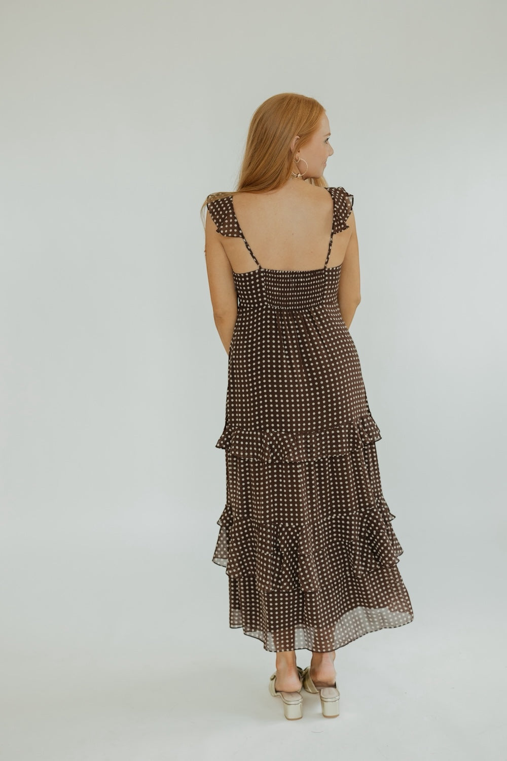 Cassandra Tiered Brown Polka Dot Midi Dress