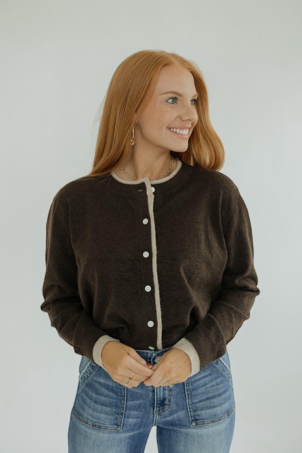 Brown/Tan Color Contrast Button Front Cardigan