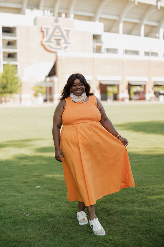 Brinley Orange Smocked Top Midi Dress (S-3XL)