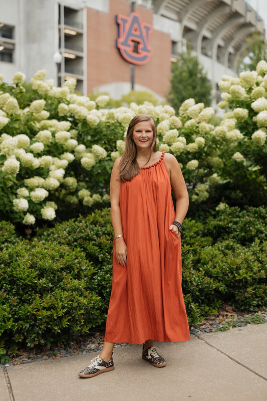 Rust Ball Trim Neckline Midi Dress