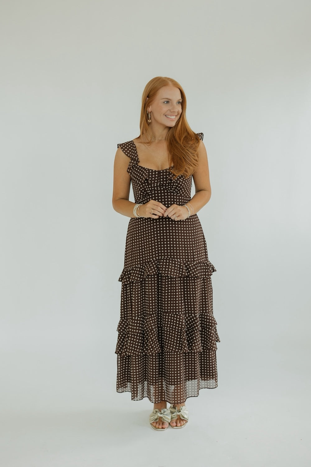 Cassandra Tiered Brown Polka Dot Midi Dress