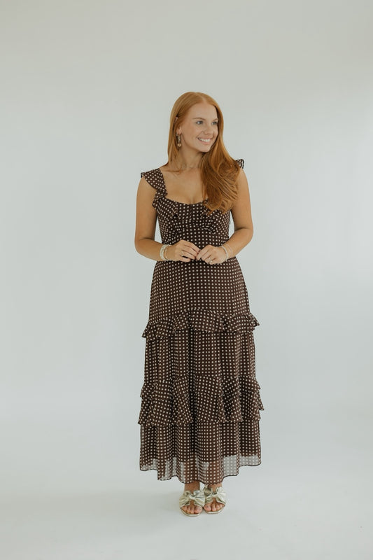 Cassandra Tiered Brown Polka Dot Midi Dress