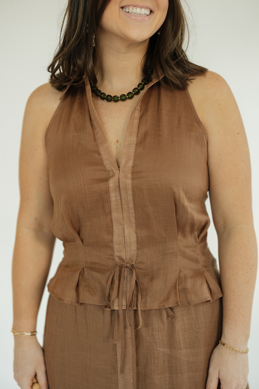 Cassie Caramel Linen Halter Tank (XS-XL)