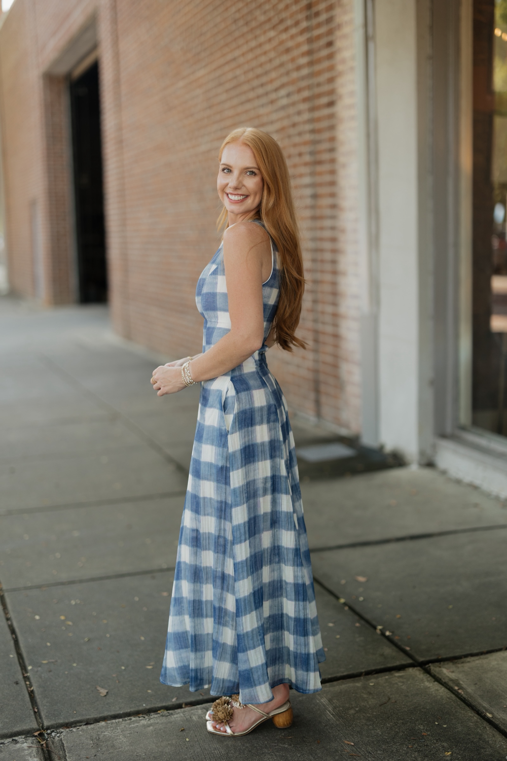 Iggy Blue Gingham Sleeveless A-Line Midi Dress
